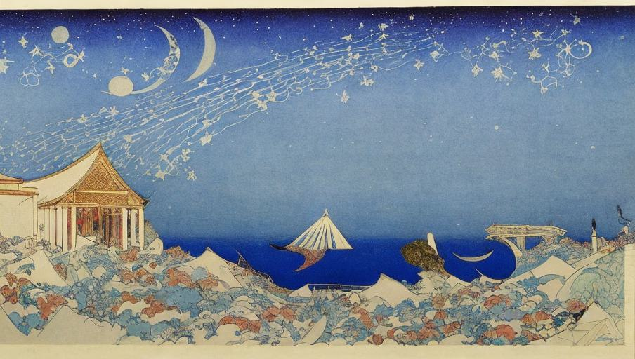 A sky with many moons and fantastical constellations above a temple by the sea